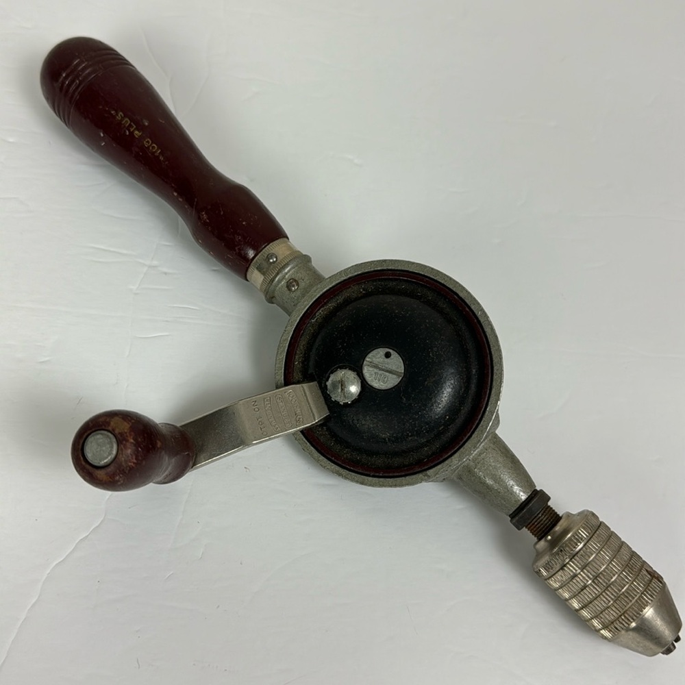 Vtg Stanley 100 Plus Hand Crank Drill USA 1610 eggbeater style tool garage cave